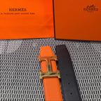 Hermès Leather Belt in Orange with H Buckle 32mm - Gold Guilloché Hardware