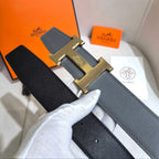 Hermès Leather Belt in Taupe Gray with H Gold Buckle 32mm - Reversible