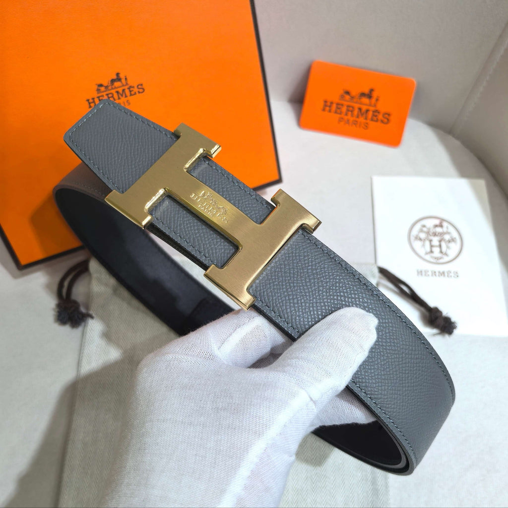 Hermès Leather Belt in Taupe Gray with H Gold Buckle 32mm - Reversible
