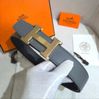 Hermès Leather Belt in Taupe Gray with H Gold Buckle 32mm - Reversible