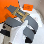 Hermès Leather Belt in Taupe Gray with H Gold Buckle 32mm - Reversible