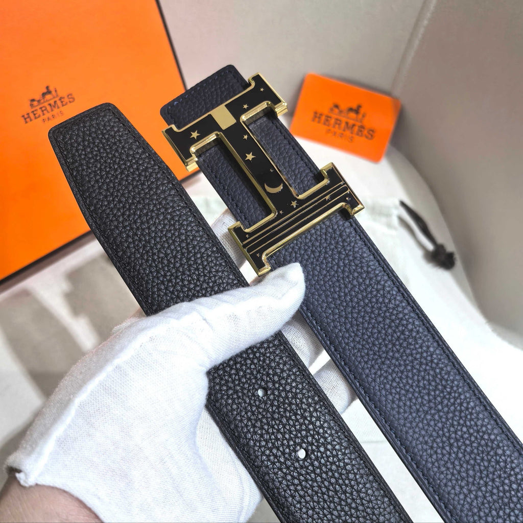 Hermès Marine Blue Reversible Leather Strap 32 mm Belt - Gold Celestial H Buckle