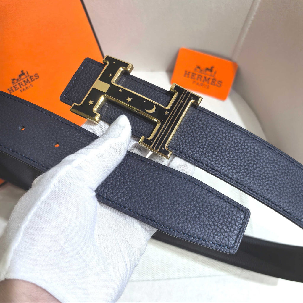 Hermès Marine Blue Reversible Leather Strap 32 mm Belt - Gold Celestial H Buckle