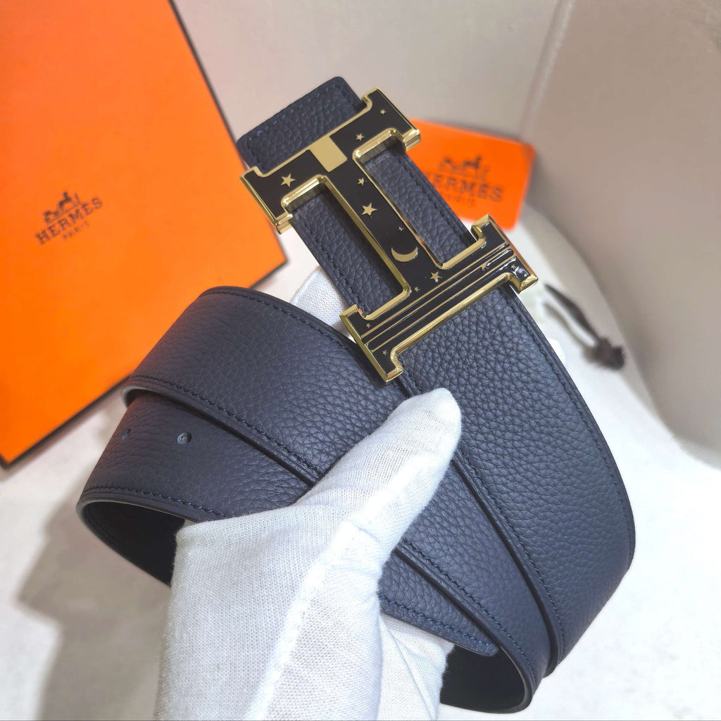 Hermès Marine Blue Reversible Leather Strap 32 mm Belt - Gold Celestial H Buckle