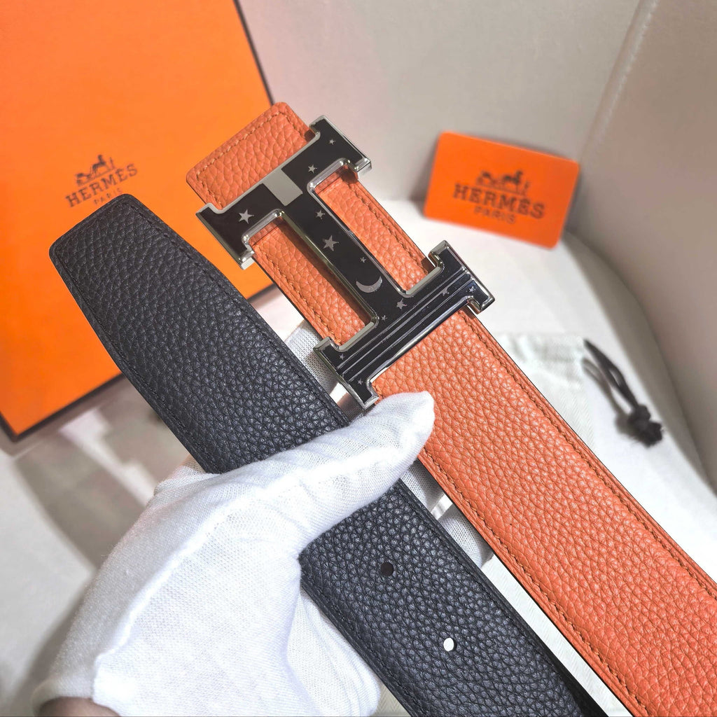 Hermès Orange Reversible Leather Strap 32 mm Belt - Silver & Black Celestial H Buckle