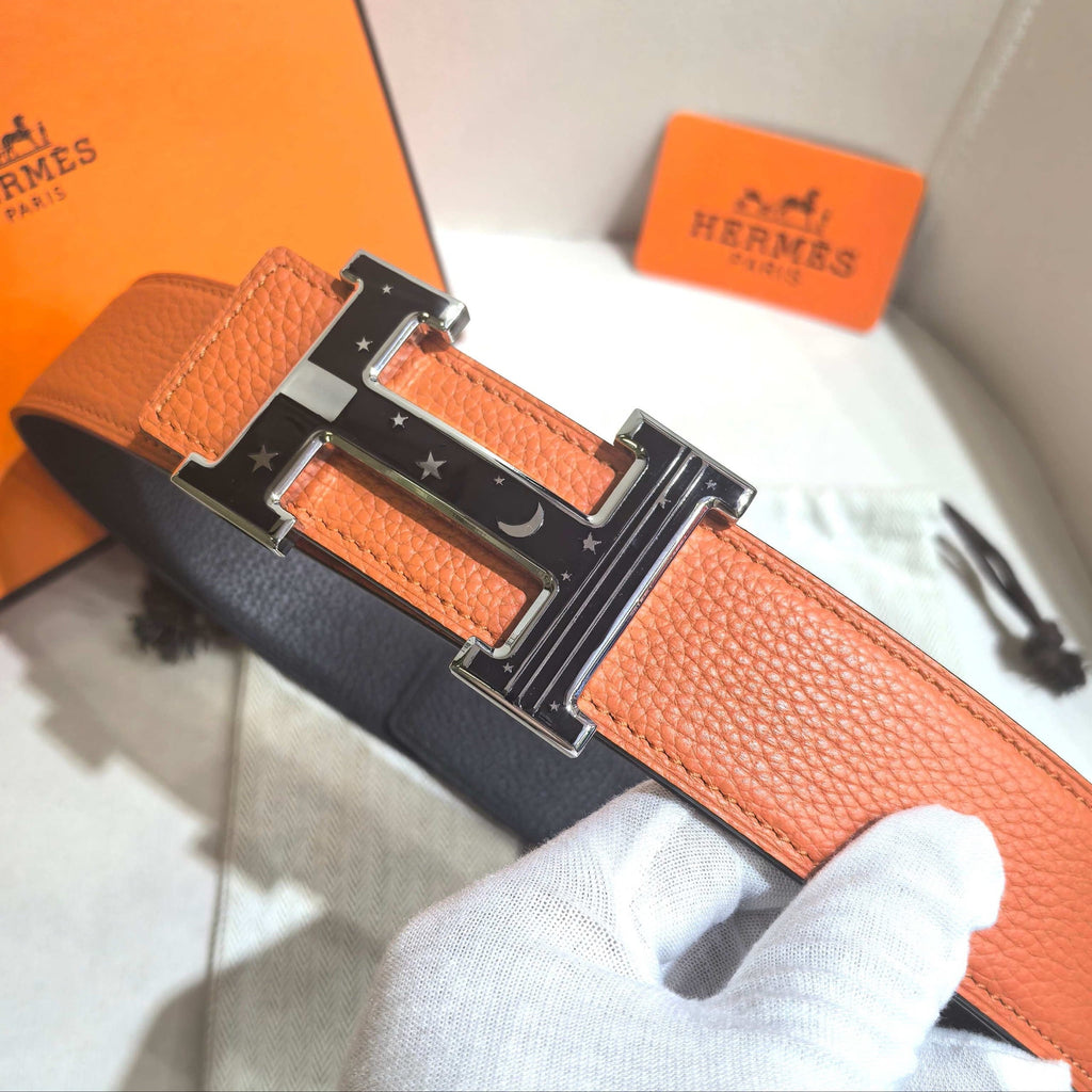 Hermès Orange Reversible Leather Strap 32 mm Belt - Silver & Black Celestial H Buckle