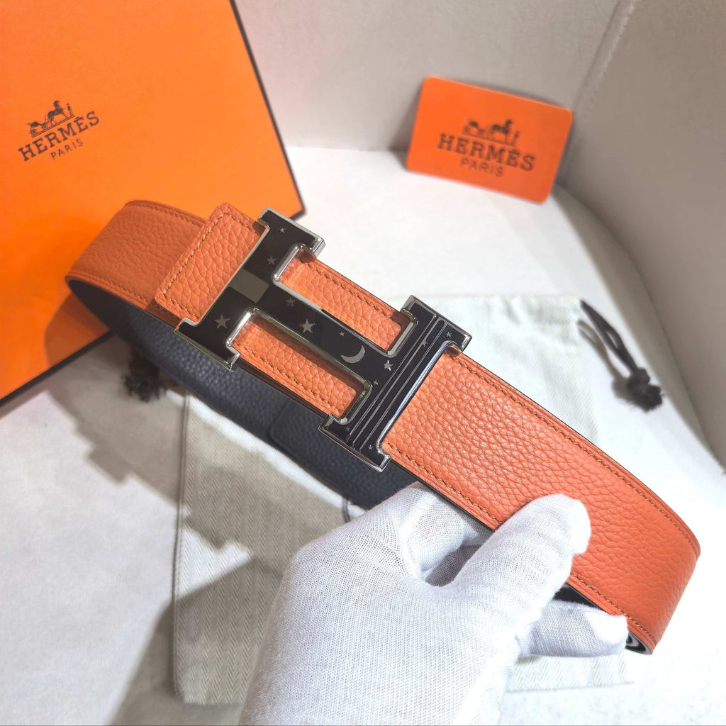 Hermès Orange Reversible Leather Strap 32 mm Belt - Silver & Black Celestial H Buckle