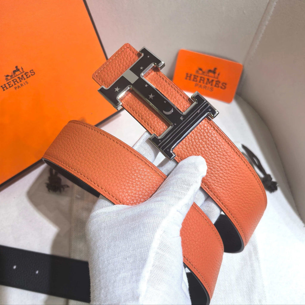 Hermès Orange Reversible Leather Strap 32 mm Belt - Silver & Black Celestial H Buckle