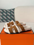 Hermès Suede Goatskin Woolskin Women's Chypre Sandals