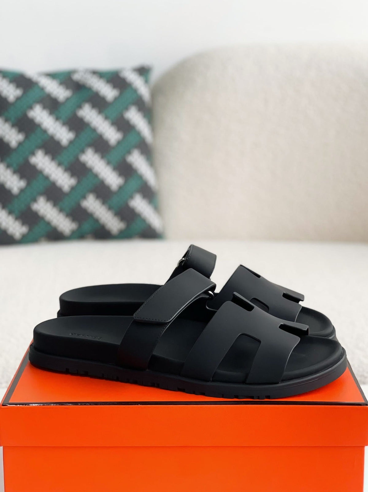Hermès Techno Black Calfskin Chypre Sandals