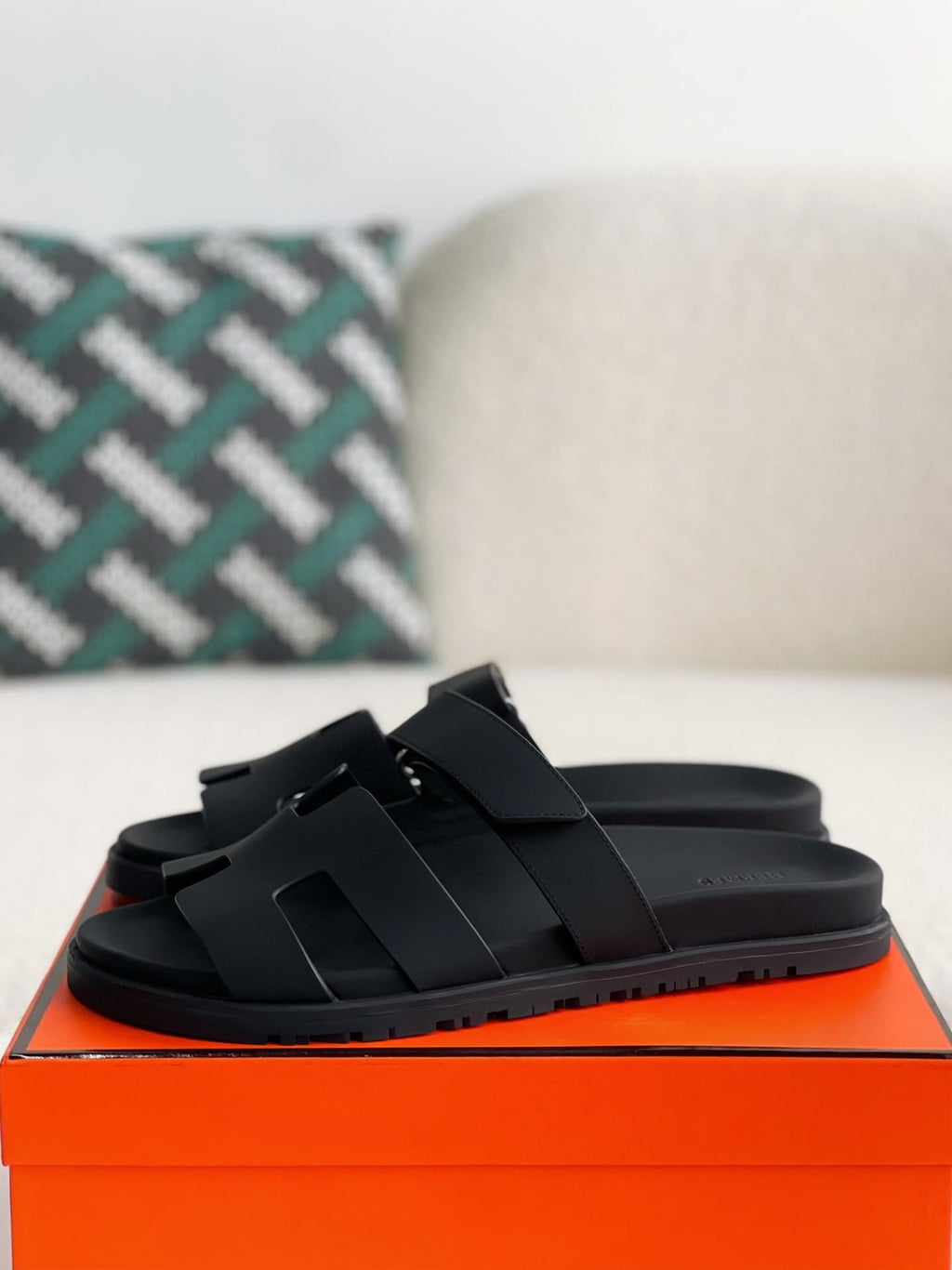 Hermès Techno Black Calfskin Chypre Sandals
