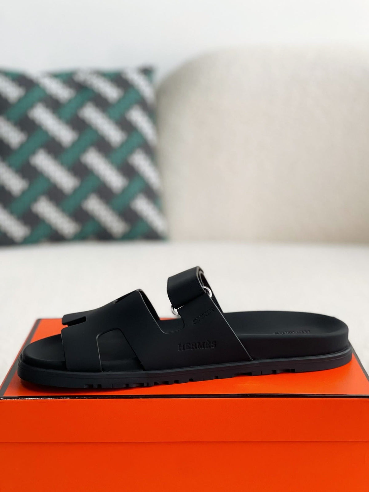 Hermès Techno Black Calfskin Chypre Sandals