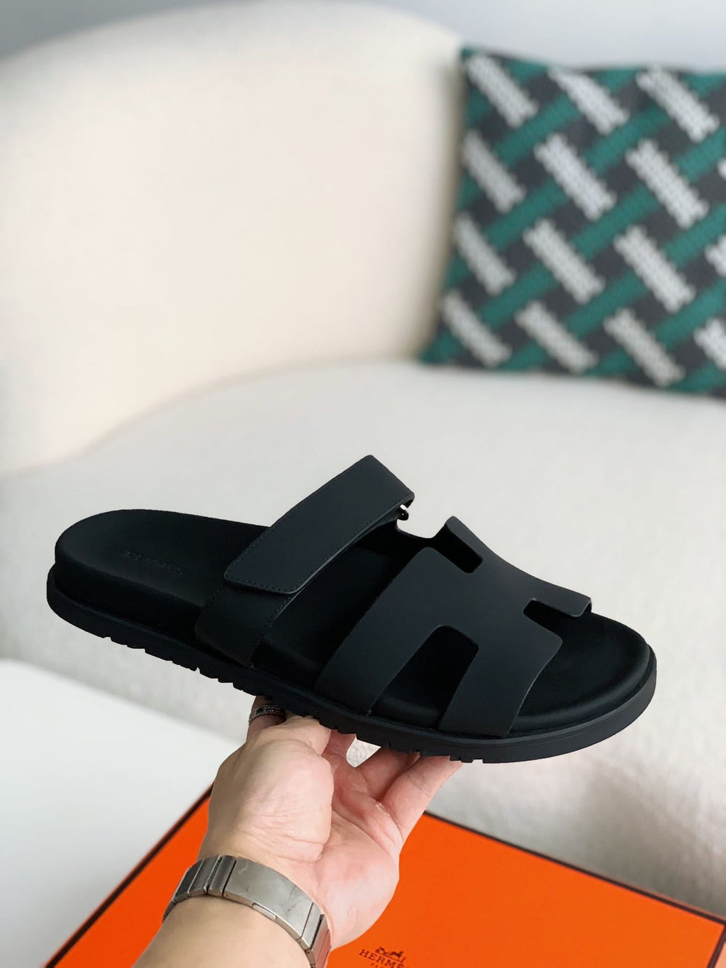 Hermès Techno Black Calfskin Chypre Sandals