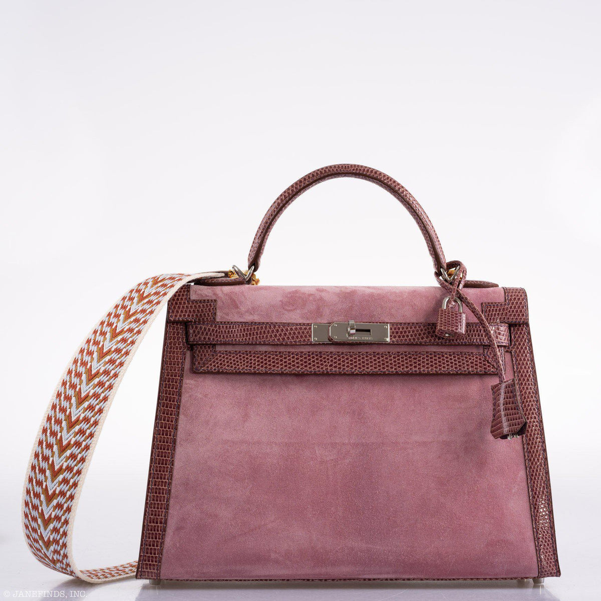 Hermes Unique HSS Kelly 32 Sellier Rose Indienne Doblis Suede & Mauve Lizard with Palladium Hardware - 2012, N Square