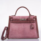 Hermes Unique HSS Kelly 32 Sellier Rose Indienne Doblis Suede & Mauve Lizard with Palladium Hardware - 2012, N Square
