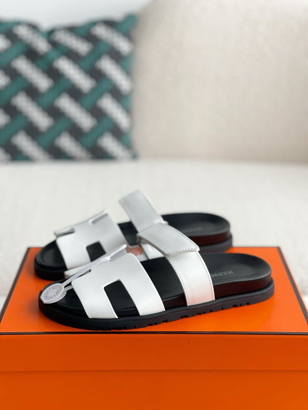Hermès White Calfskin Women's Chypre Sandals