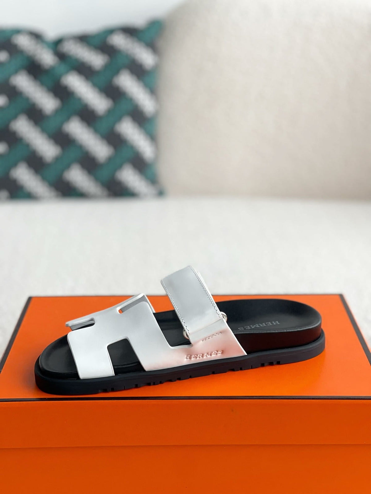 Hermès White Calfskin Women's Chypre Sandals