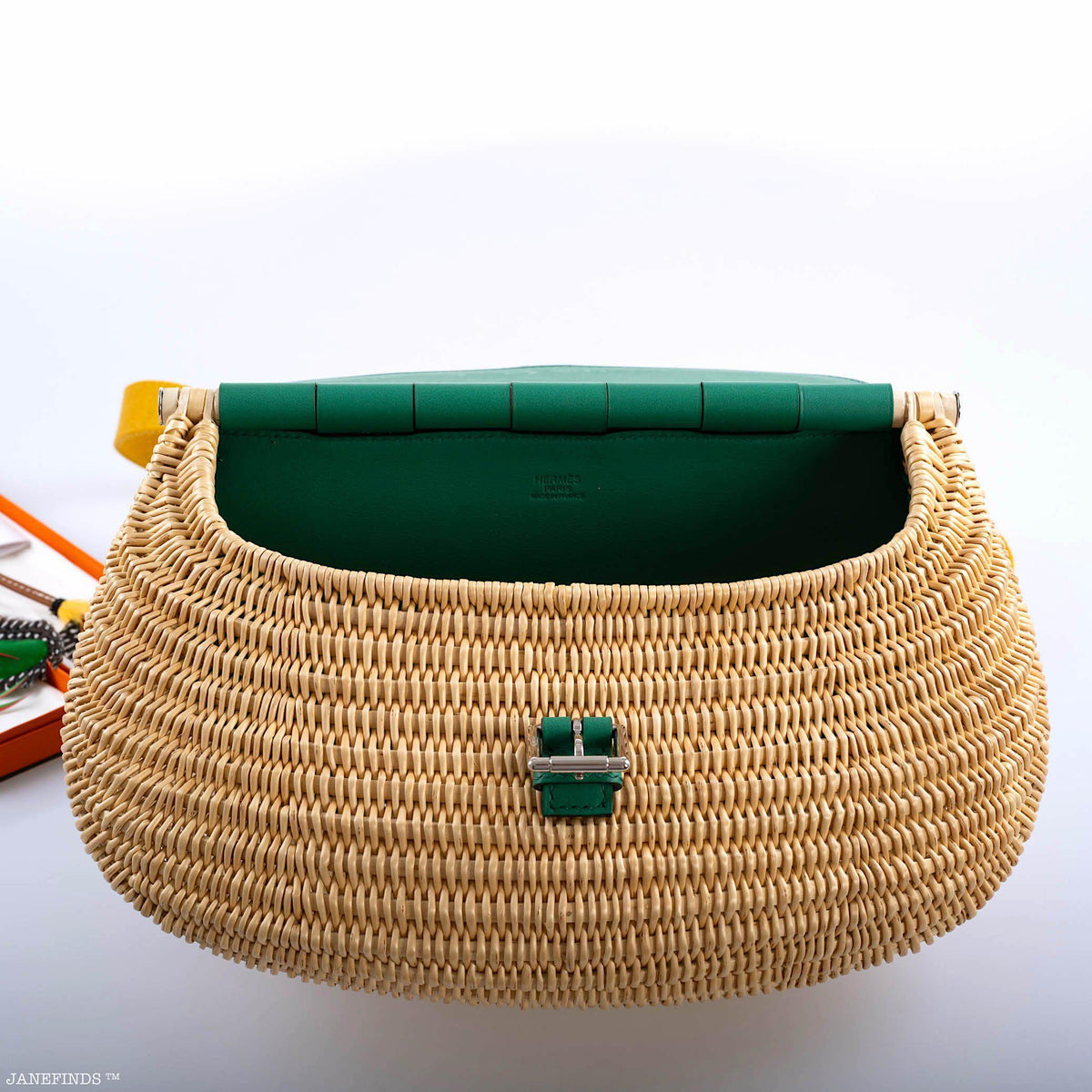 Hermes Wicker Fish Basket Crossbody, Vert Vertigo Swift with Palladium Hardware