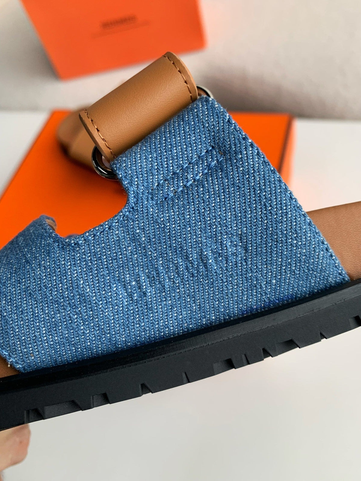 Hermès Women's Denim and Tan Leather Chypre Sandals