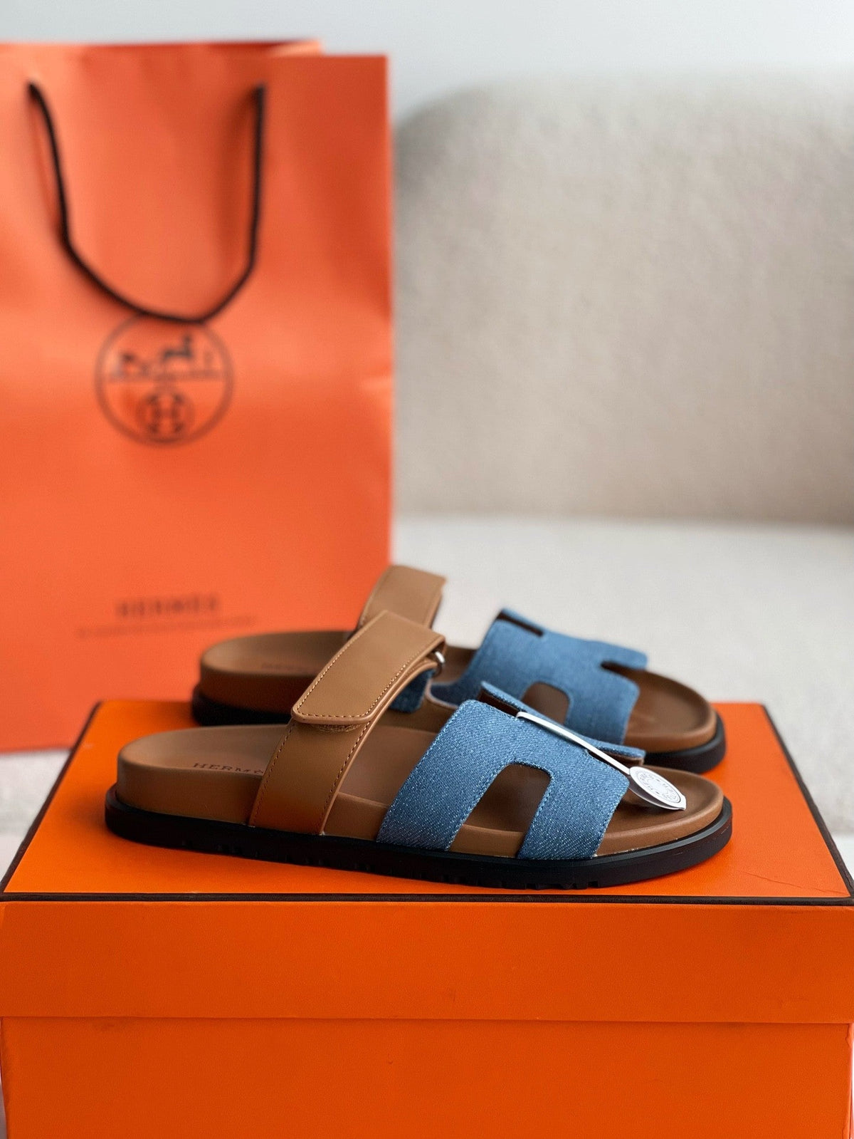 Hermès Women's Denim and Tan Leather Chypre Sandals