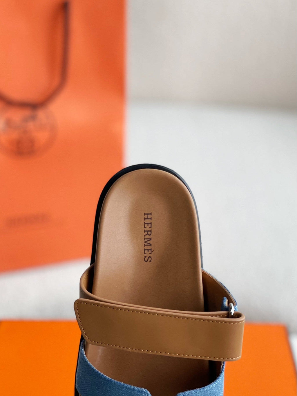 Hermès Women's Denim and Tan Leather Chypre Sandals