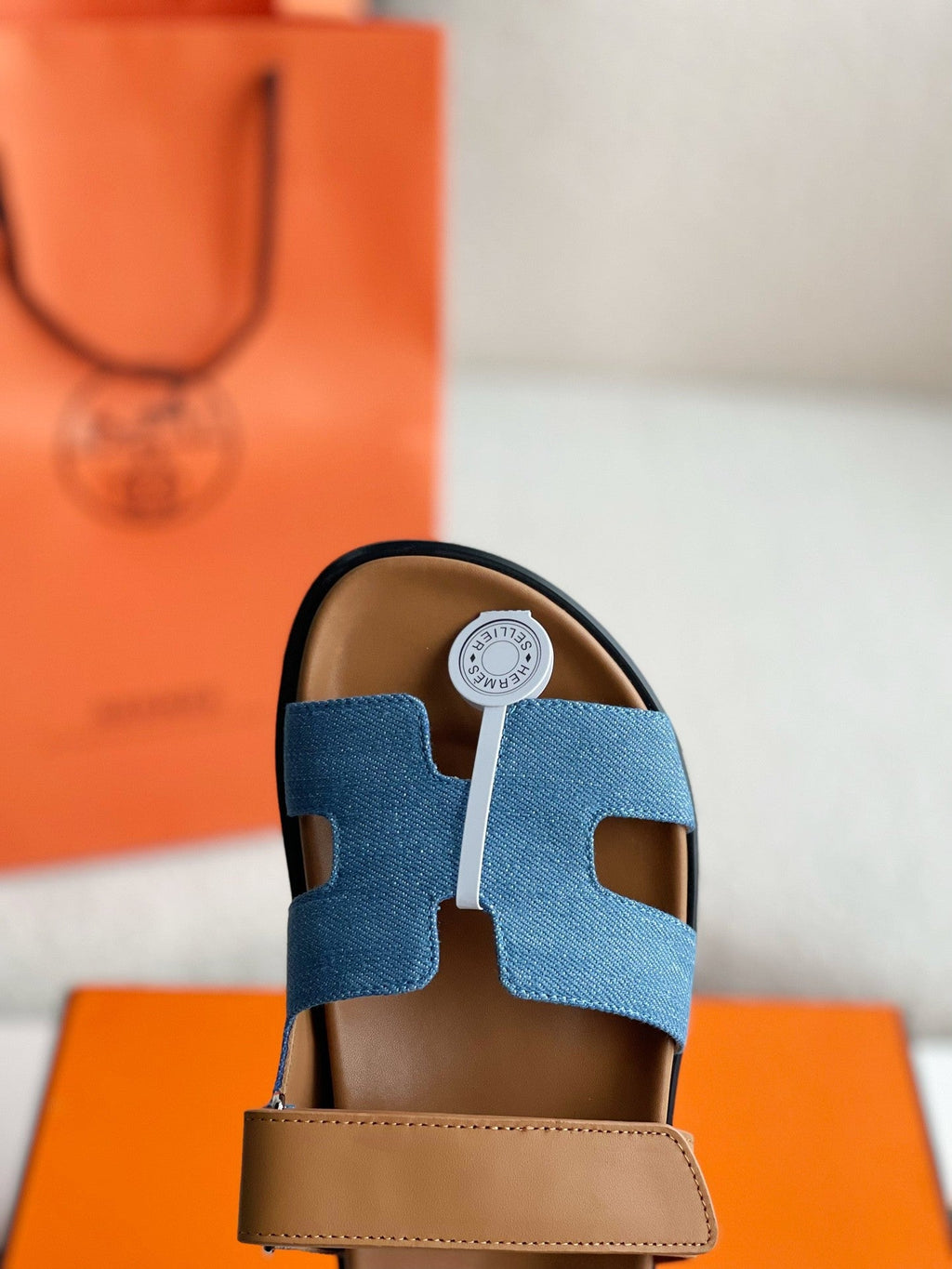 Hermès Women's Denim and Tan Leather Chypre Sandals