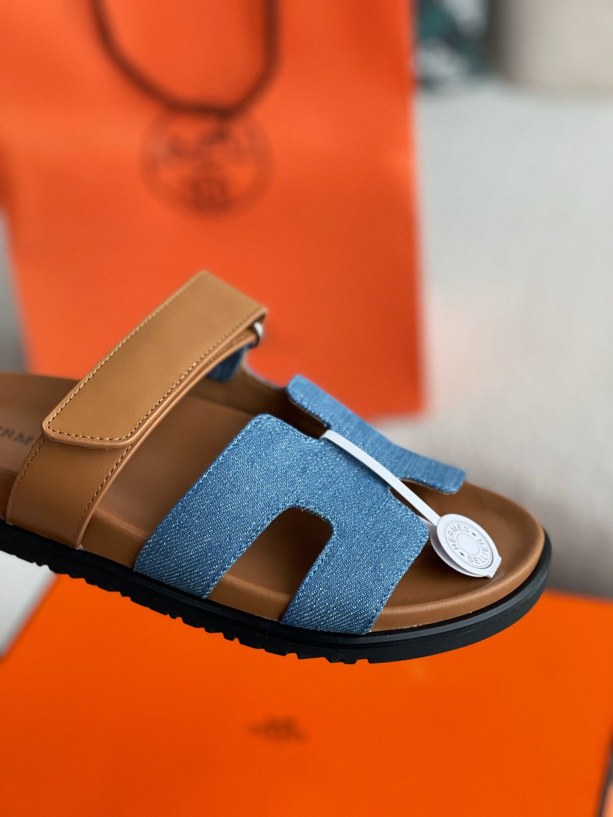 Hermès Women's Denim and Tan Leather Chypre Sandals