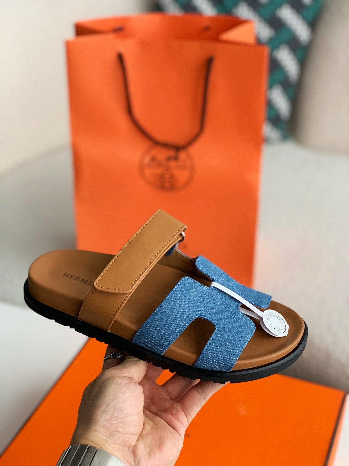 Hermès Women's Denim and Tan Leather Chypre Sandals