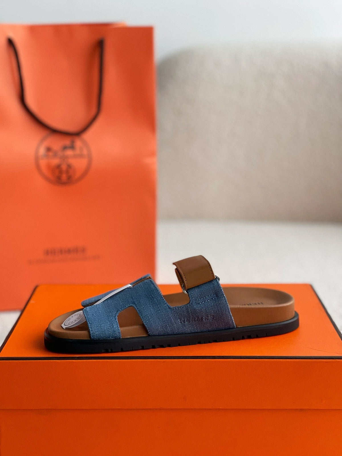 Hermès Women's Denim and Tan Leather Chypre Sandals