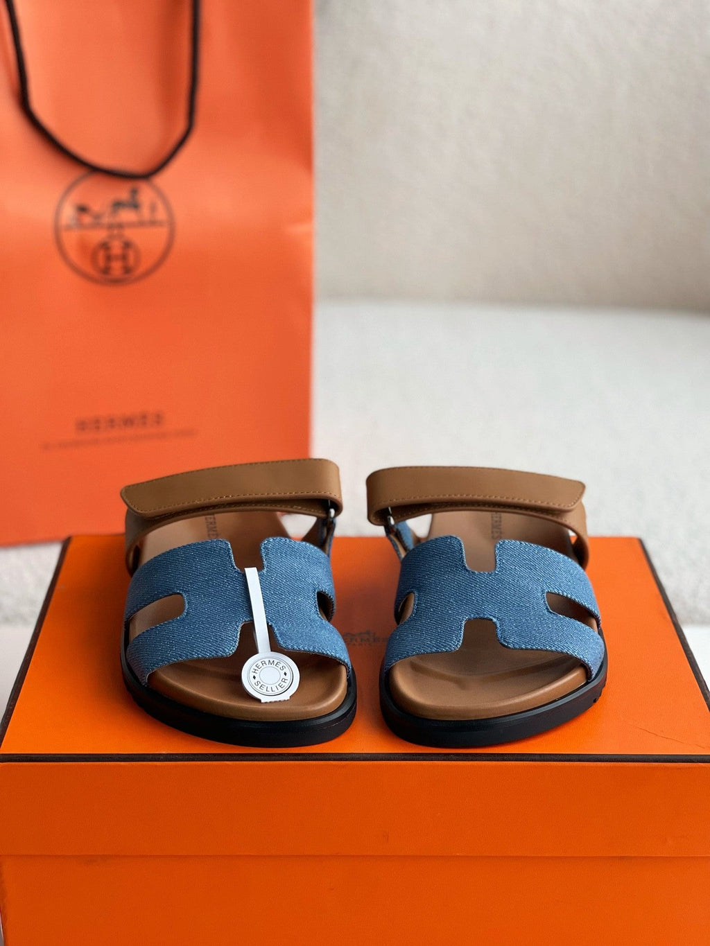 Hermès Women's Denim and Tan Leather Chypre Sandals
