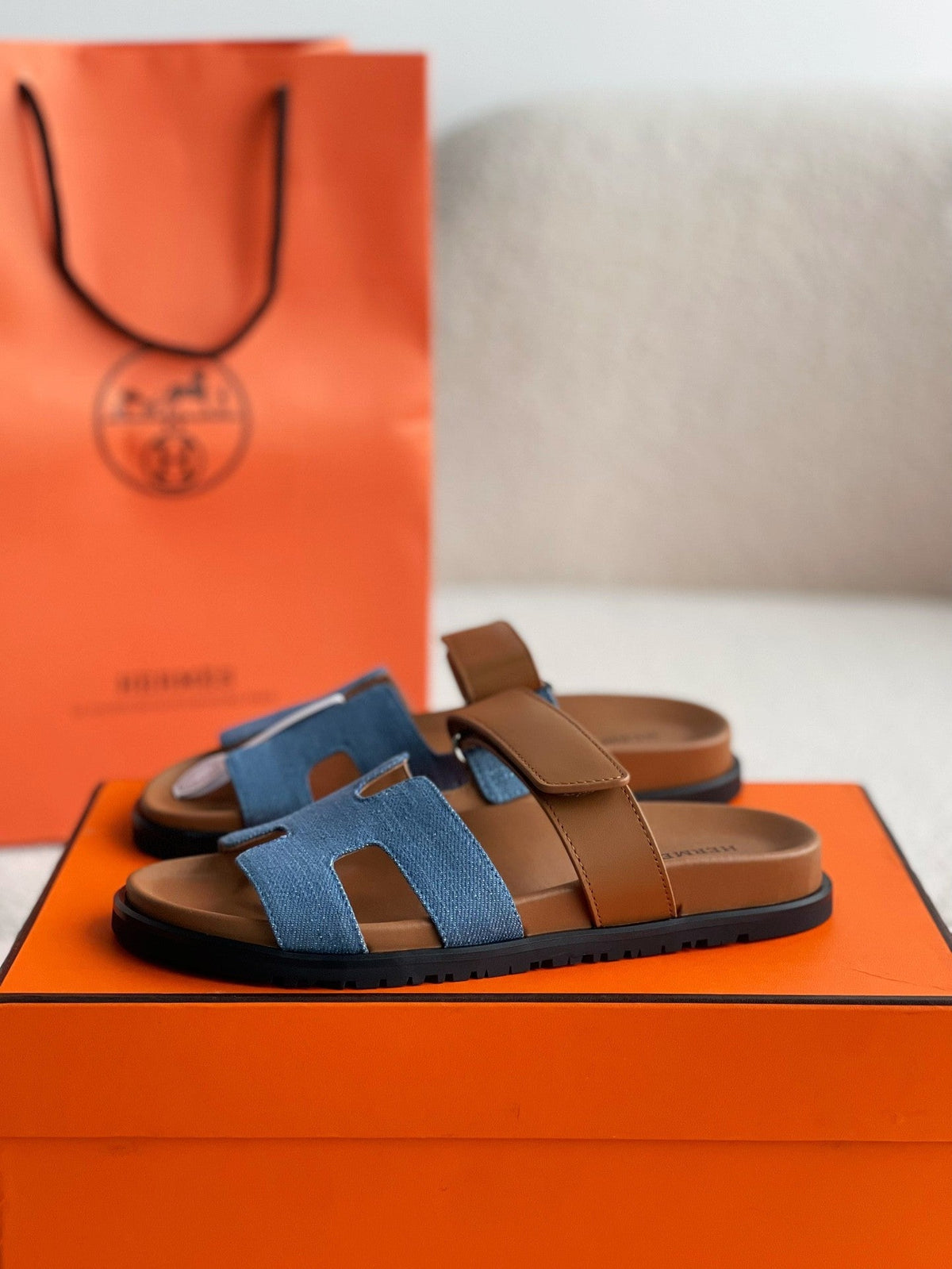 Hermès Women's Denim and Tan Leather Chypre Sandals