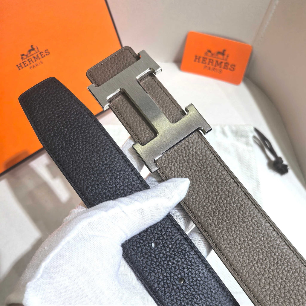 Hermès Etoupe Reversible Leather Strap 32 mm Belt - Brushed Silver H Buckle