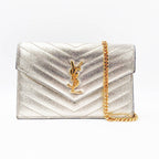 Saint Laurent Chain Wallet Monogram Envelope Metallic Calfskin Matelasse Chevron Pale Gold Leather Shoulder Bag