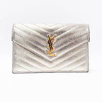 Saint Laurent Chain Wallet Monogram Envelope Metallic Calfskin Matelasse Chevron Pale Gold Leather Shoulder Bag