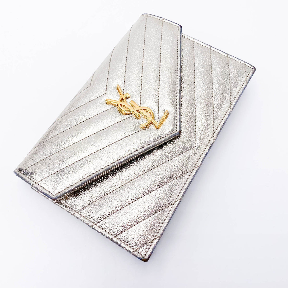 Saint Laurent Chain Wallet Monogram Envelope Metallic Calfskin Matelasse Chevron Pale Gold Leather Shoulder Bag