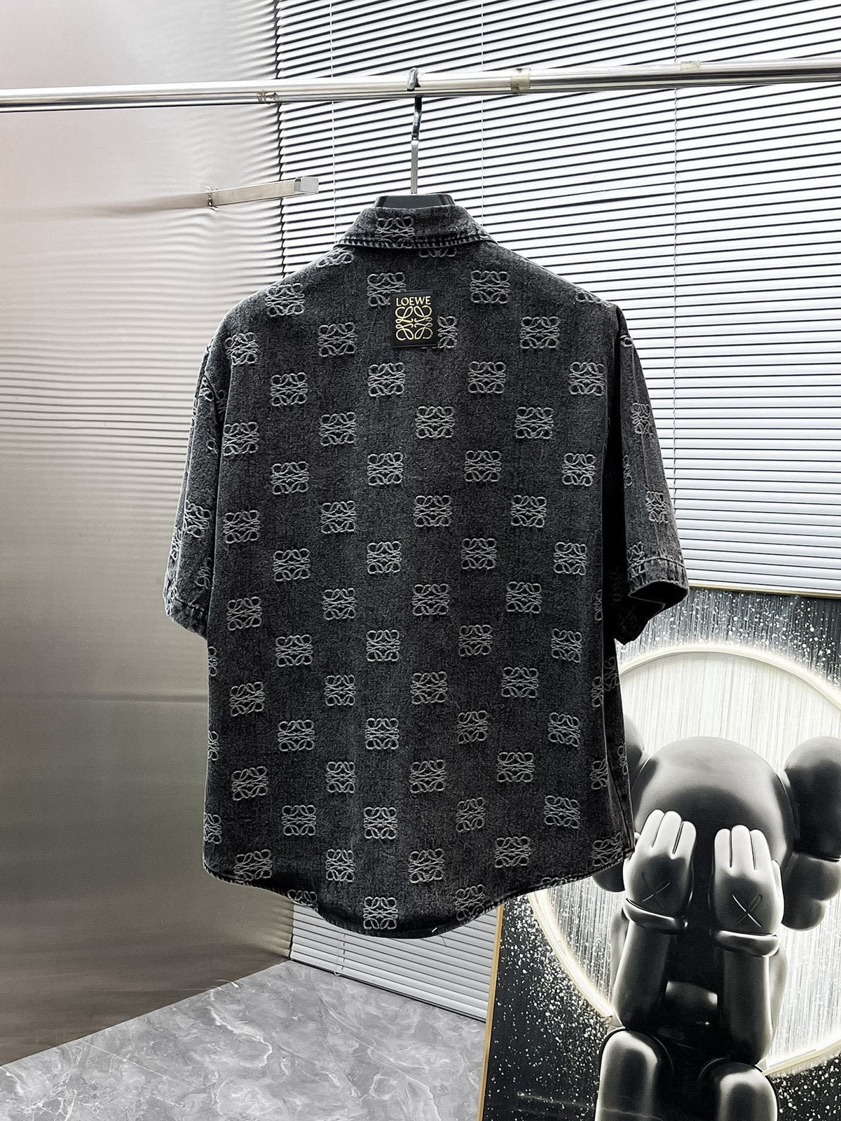 Loewe Allover Anagram Denim Set - Charcoal Black Short-Sleeved Shirt & Shorts Co-ord Set