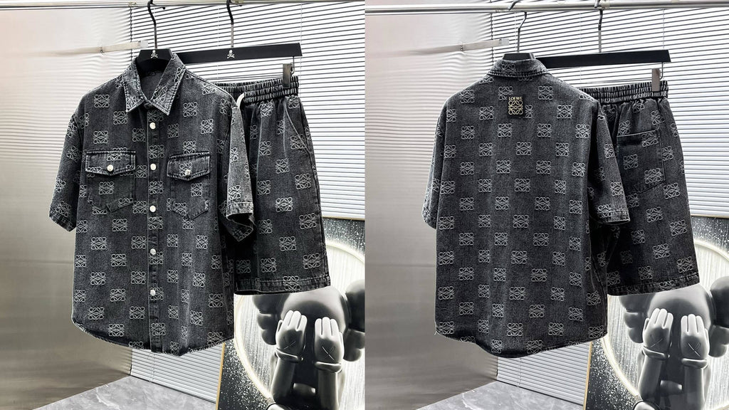 Loewe Allover Anagram Denim Set - Charcoal Black Short-Sleeved Shirt & Shorts Co-ord Set
