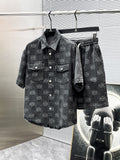 Loewe Allover Anagram Denim Set - Charcoal Black Short-Sleeved Shirt & Shorts Co-ord Set