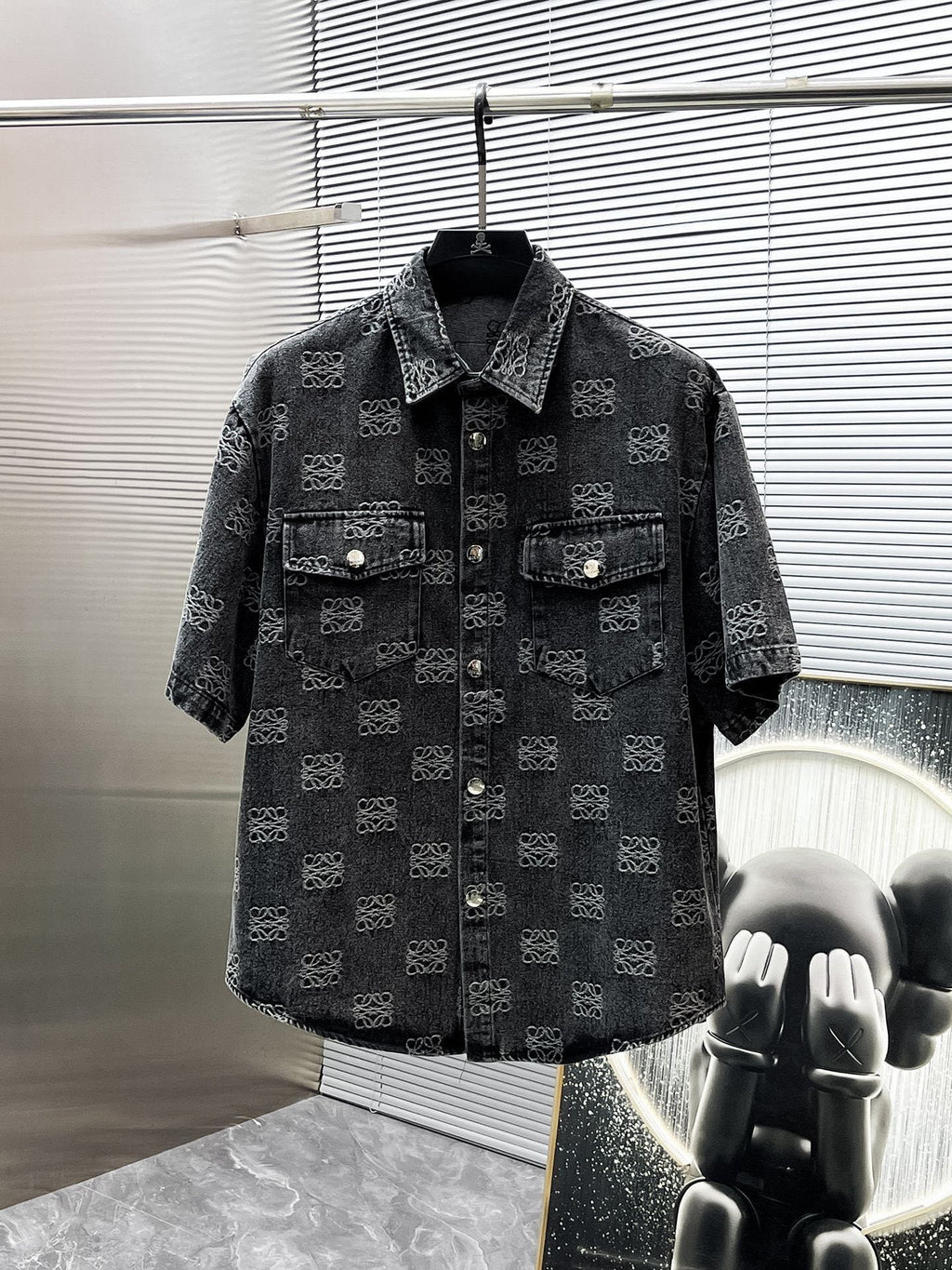 Loewe Allover Anagram Denim Set - Charcoal Black Short-Sleeved Shirt & Shorts Co-ord Set