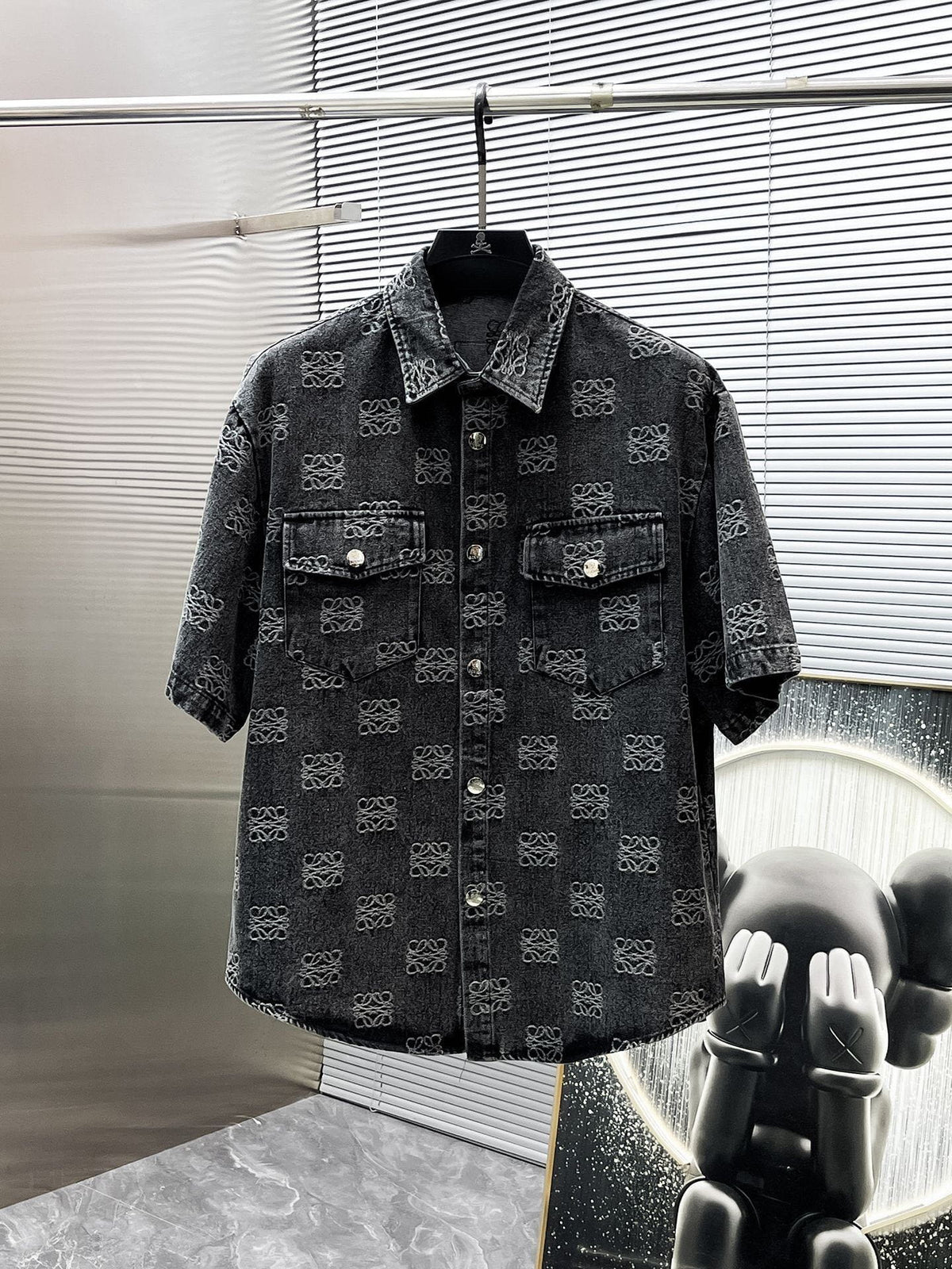 Loewe Allover Anagram Denim Set - Charcoal Black Short-Sleeved Shirt & Shorts Co-ord Set