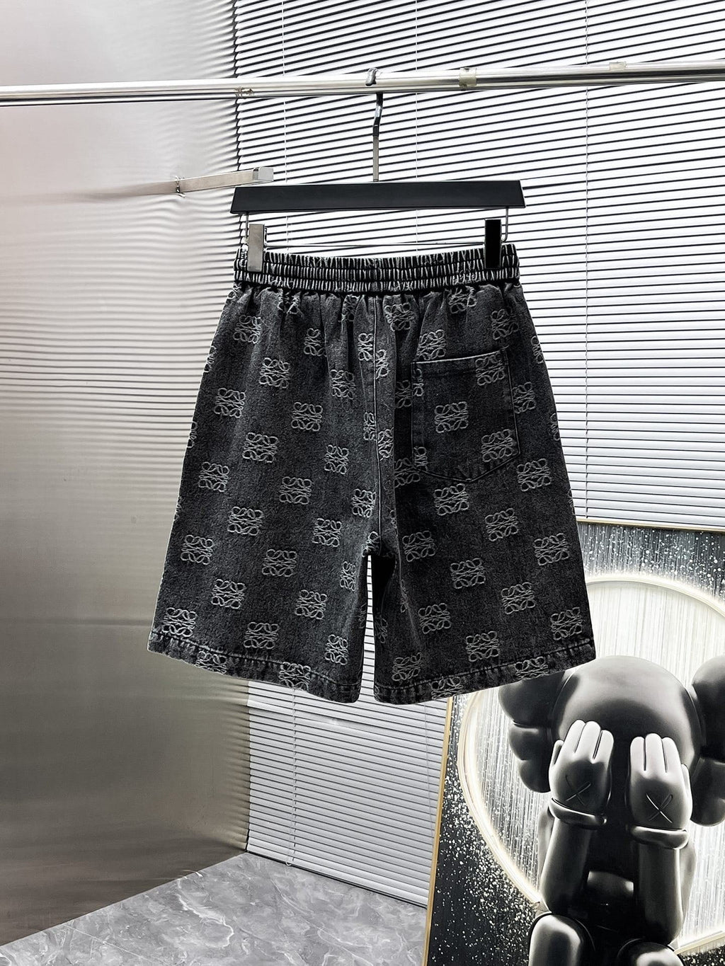 Loewe Allover Anagram Denim Set - Charcoal Black Short-Sleeved Shirt & Shorts Co-ord Set