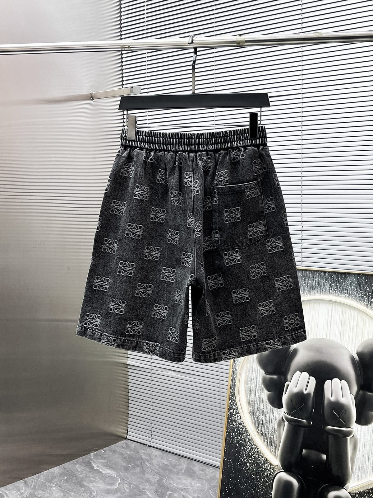 Loewe Allover Anagram Denim Set - Charcoal Black Short-Sleeved Shirt & Shorts Co-ord Set