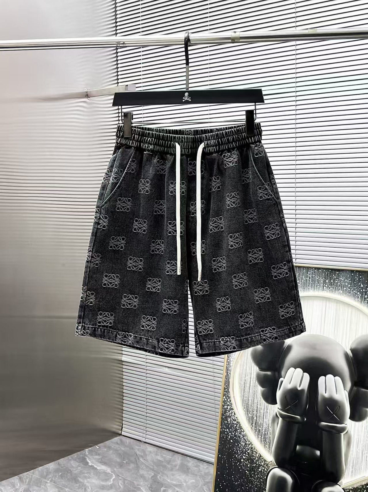 Loewe Allover Anagram Denim Set - Charcoal Black Short-Sleeved Shirt & Shorts Co-ord Set
