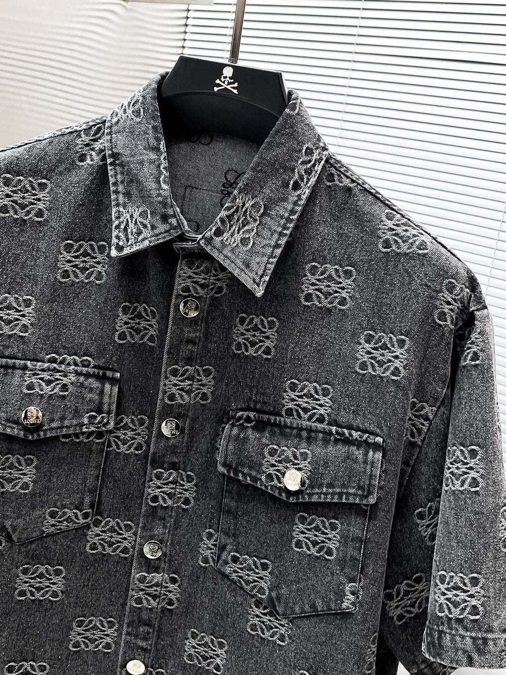 Loewe Allover Anagram Denim Set - Charcoal Black Short-Sleeved Shirt & Shorts Co-ord Set
