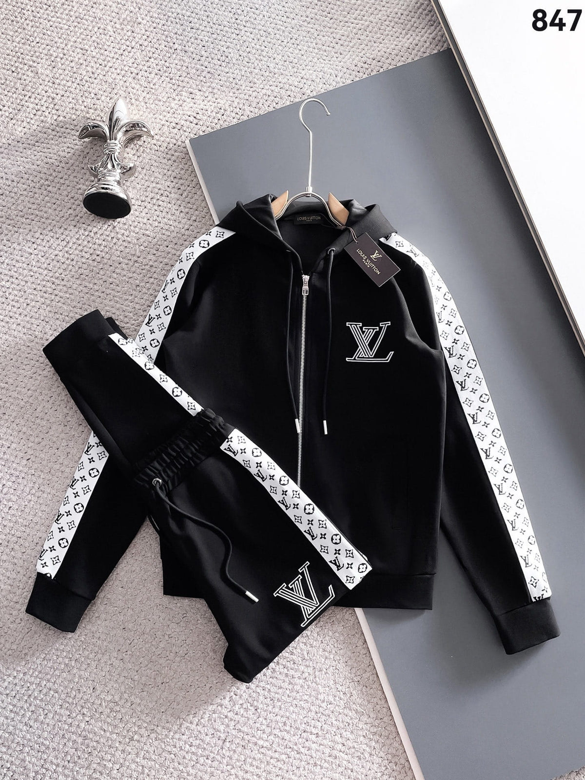 Louis Vuitton LV Graphic Stripe Tracksuit - Black & White Monogram Knit Hoodie Set