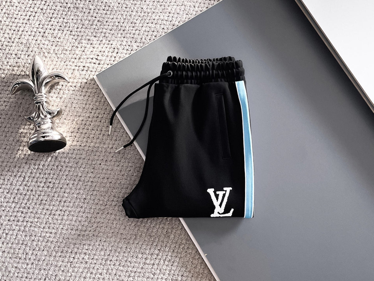 Louis Vuitton LV Technical Knit Tracksuit - Black with Blue Side Stripe Jacket and Pants Set