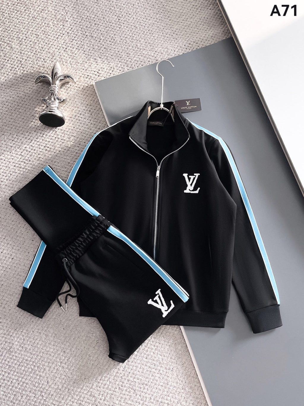 Louis Vuitton LV Technical Knit Tracksuit - Black with Blue Side Stripe Jacket and Pants Set