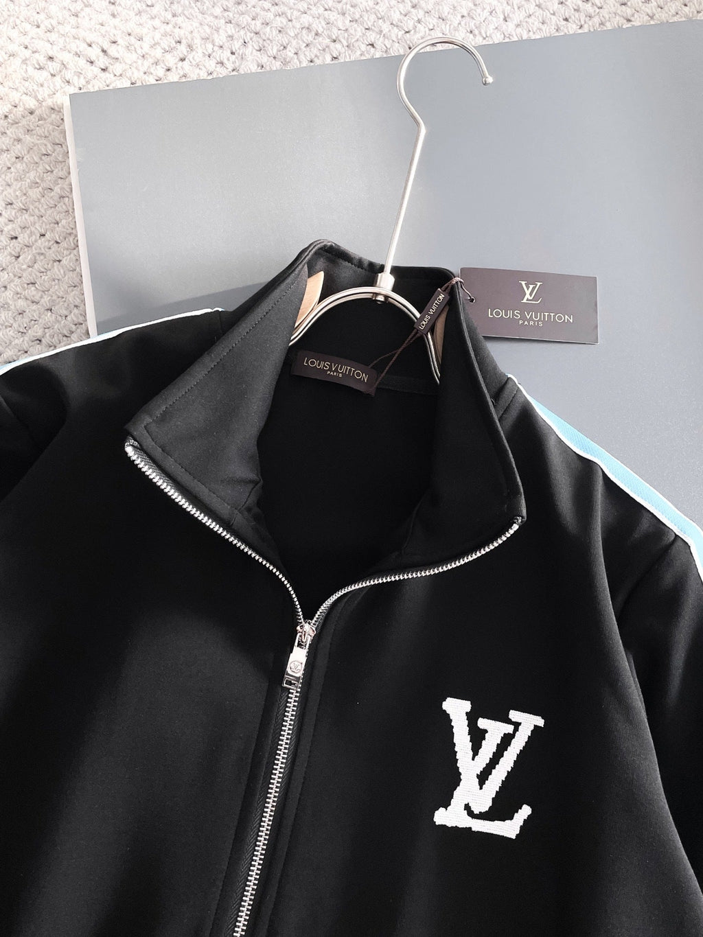 Louis Vuitton LV Technical Knit Tracksuit - Black with Blue Side Stripe Jacket and Pants Set