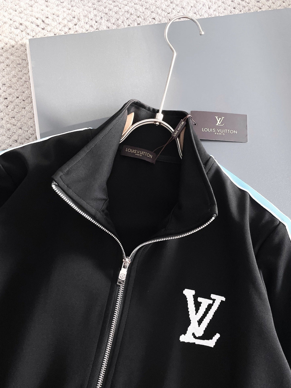 Louis Vuitton LV Technical Knit Tracksuit - Black with Blue Side Stripe Jacket and Pants Set