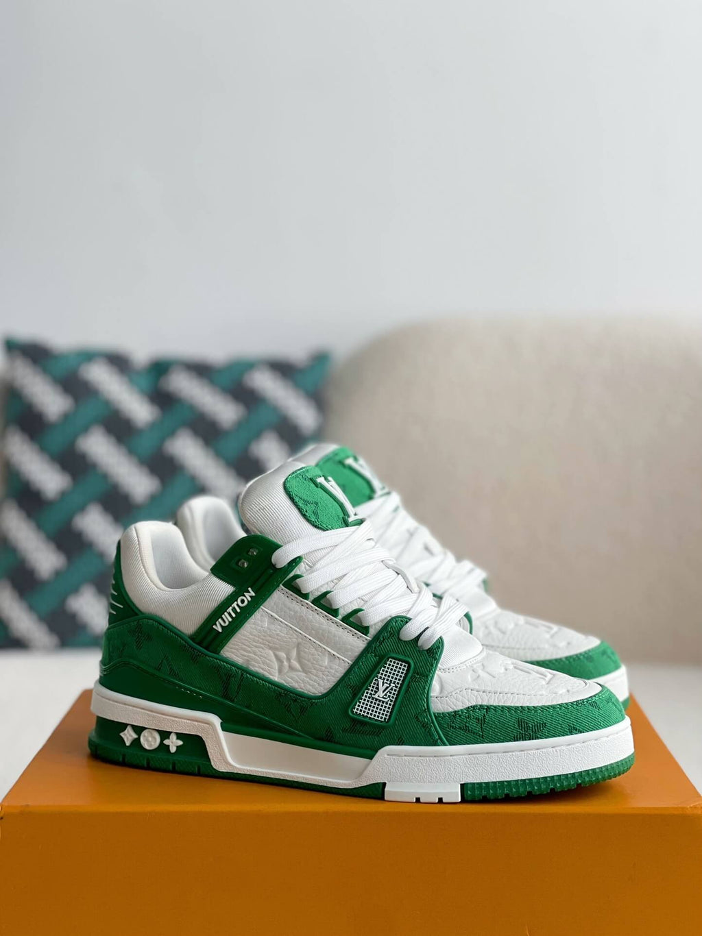 Louis Vuitton Monogram Trainer Green White Denim  Sneakers